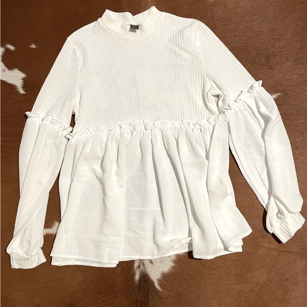Maternity mock neck frill trim lantern sleeve peplum top